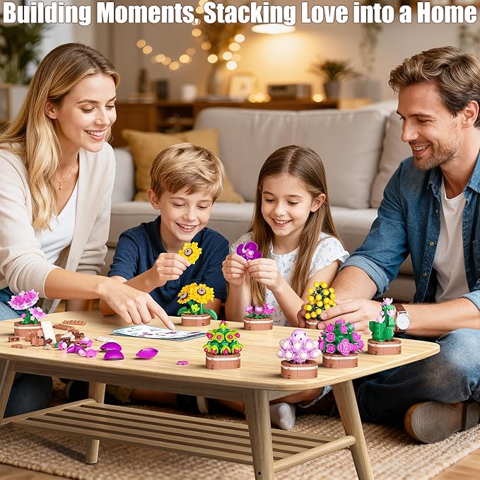 Flowers Bouquet Building Set, 1001 PCS Botanical Collection with Roses, Sunflowers etc. 12 Pack Mini Bonsai Block Toy, Gift for Kids 6+ & Adults for Christmas, Mother's Day, Valentine's Day