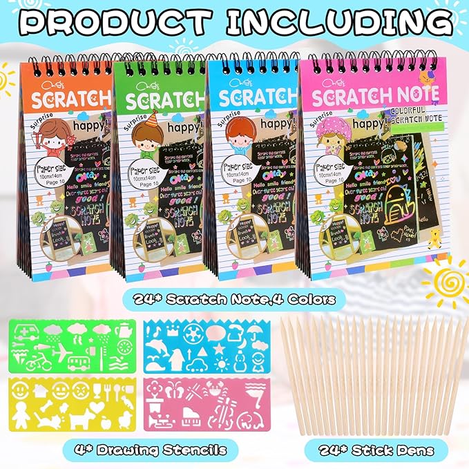 24 Pack Rainbow Scratch Notebook,Scratch Paper Art for Kids,Scratch Note Pads,Scratch Paper Rainbow Party Favors with 24 Wooden Stylus & 4 Drawing Stencil for Girls Boys Art Party Supplies