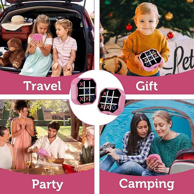 3-in-1 Electronic Tic Tac Toe Game, Handheld Travel Toy with Silent Mode, Fun for Kids and Adults, Pink