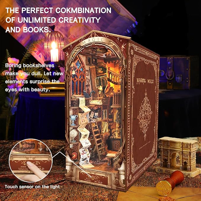 Book Nook Kit, DIY Dollhouse Booknook Bookshelf Insert Decor Alley, DIY Book Nook Miniature Kit with Lights, 3D Wooden Puzzle Decorative Bookend Miniature Model Kits for Adults