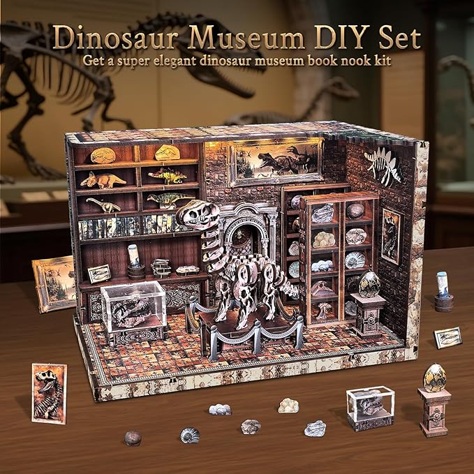 Book Nook Kit, DIY Miniature Dollhouse Booknook Kit for Adults and Teens, 3D Wooden Puzzle Bookshelf Crafts Kits with LED Light for Family and Friends (Dinosaur Research Institute)