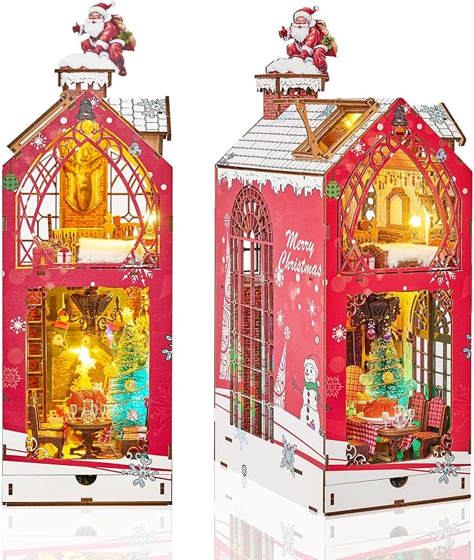 DIY Book Nook Kit,Miniature Dollhouse Kit,Booknook Bookshelf Insert Decor,3D Wooden Puzzles with LED,Easter Halloween Home Decor,Adults Teens Xmas Birthday Gifts(Song of The Snowy Night)