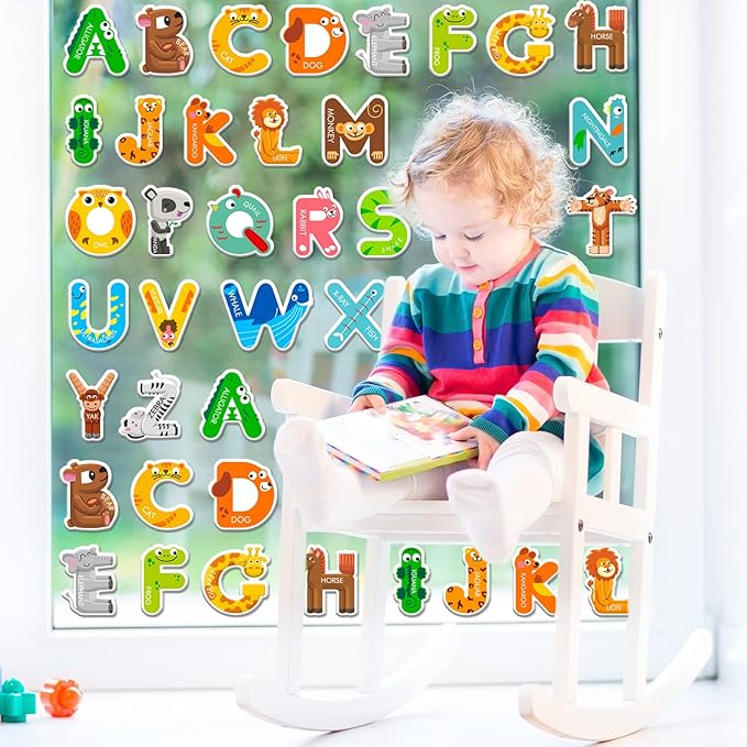 Whaline 52Pcs Alphabet Letters Thick Gel Clings Cute Animals Alphabet ABC Window Gel Decals Colorful Uppercase Animals Stickers for Toddlers Educational Spelling Learning Home Classroom Nursery Decor