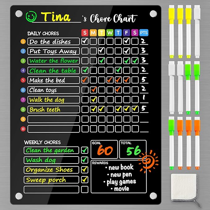 PigPotParty Black Acrylic Magnetic Chore Chart for Kids, 12"x16" Reward Responsibility Chart, 1 Pcs Daily Weekly Dry Erase Fridge Chore Board Checklist for Teens Adult, w/ 12 Markers & Towel