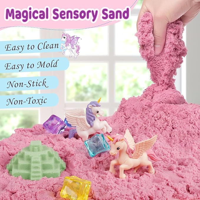 Weilim Unicorn Sensory Bin for Girl, Magic Sand Art Kit with Sandbox, Color Sand, Unicorn Fine Motor Kids Toy Christmas Birthday Gift for Toddler Ages 3 4 5 6 7 8