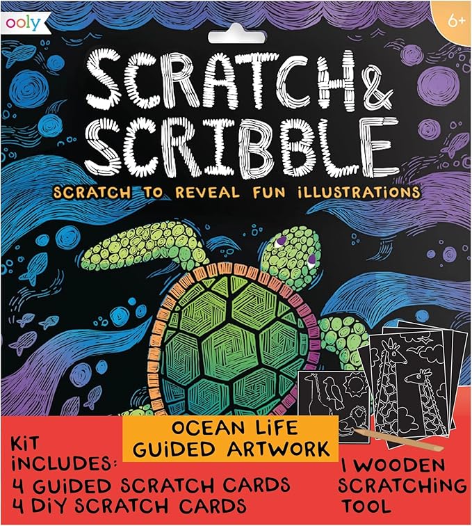 Ooly Scratch & Scribble 10pc Art Kit with 8 Total Scratch Cards (4 Illustrated, 2 Blank, 2 Rainbow) with Scratching Tool and Sparkled Stickers, Art Set Gifts for Kids - Ocean Life