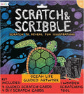 Ooly Scratch & Scribble 10pc Art Kit with 8 Total Scratch Cards (4 Illustrated, 2 Blank, 2 Rainbow) with Scratching Tool and Sparkled Stickers, Art Set Gifts for Kids - Ocean Life