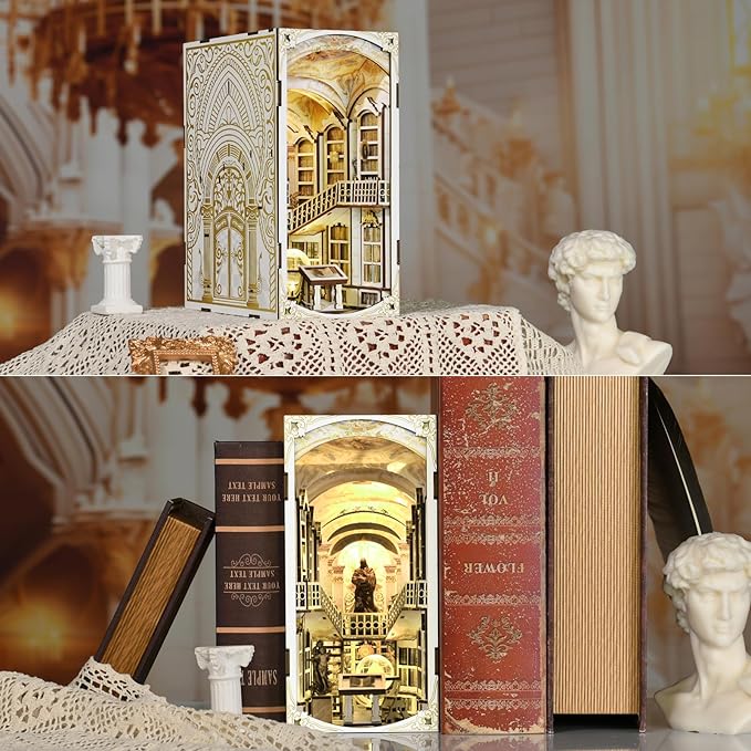 Book Nook Kit, DIY Miniature Dollhouse Booknook Kit, 3D Wooden Puzzle Bookend Bookshelf Insert Decor with LED Light for Teens and Adults (Library of Gods)