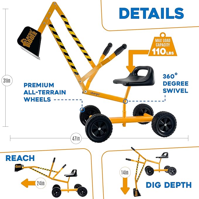 Stargo Kids Excavator Toy Sand Digger on Wheels, Steel Sandbox Digger Toys for Boys, Sand Toys Ride On Excavator, Beach Toys