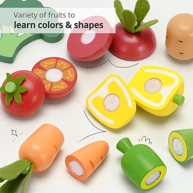 PairPear Wooden Toys Play Food Sets for Kids Kitchen, Kids Toy Food Cutting Vegetables Set for Toddlers 3+ Years Old, Pretend Food Play Kitchen Accessories for Girls and Boys