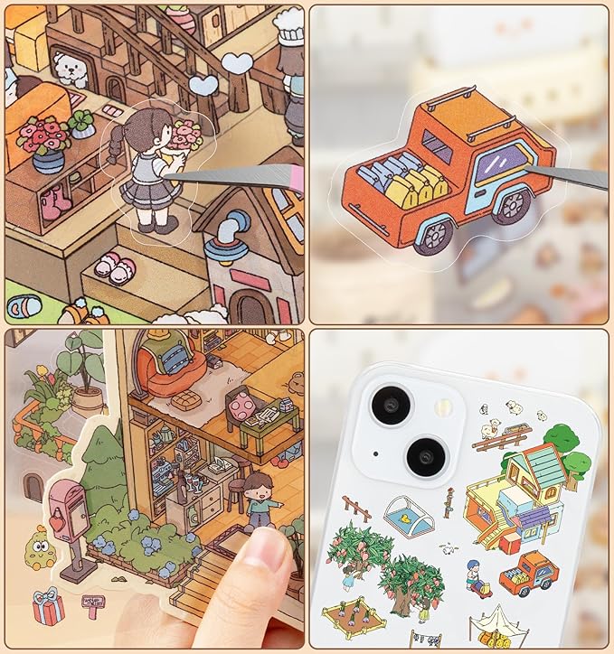 Sticker Book, 6 Sets DIY 3D House Stickers, Fun DIY Stickers Scene Make Your Own Mini House Cute Cartoon Animal Scene Sticker for Kids Adult Sticker Art Relief Stress Pass The Time