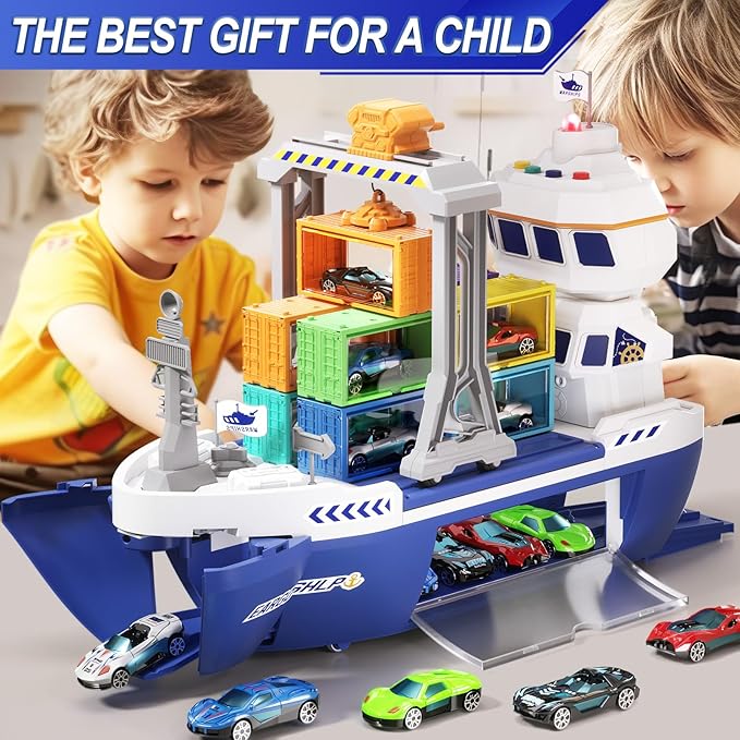 Toy Boat & Gantry Crane for Kids, Cruise Ship with 18 Mini Race Cars and 6 Containers, Cargo Ship Toy with Sounds and Lights, Boats Age 3 4 5 6 7 8 for Boys Girls Birthday Present