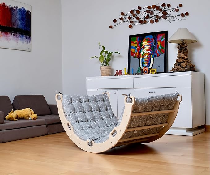 Climbing Arch | Montessori Rocker Arch | Arch with Cosy Pillow | Wooden Climbing Arch with Cushion | Wooden Climbing Arch and Rocker | Indoor Playground Cosy Cushion Rocker (Dino)