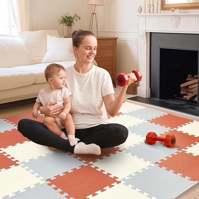 TCBunny Kids Soft EVA Foam Jigsaw Puzzle Play Mat, 18 Interlocking Tiles and Edges Baby Play Mat, for Kids Gym, Nursery, Playroom, Pet Mat, Total Floor Coverage 16 Sq Ft