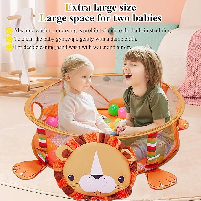 5-in-1 Baby Play Mat,Tummy Time Mat Baby Gym with 30 Balls & 4 Toys,Play Mat for Babies 0-6 Months Baby Play Gym Funny Animal,Lion