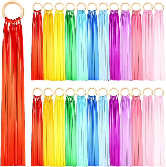 Junkin Ribbon Rings Hand Kite Waldorf Toys Dancing Wrist Ribbons Rainbow Streamers with Wood Ring Educational Toy for Playroom Dancing Birthday Party Gift(Solid Color,24 Pcs)