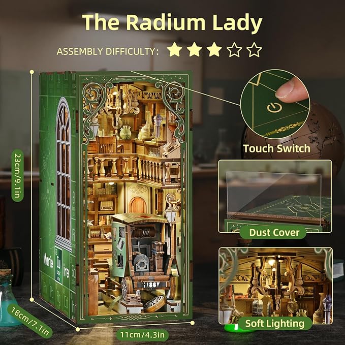 Book Nook Kit, DIY Scene Miniature House Kit Tiny House Mini Booknook Craft Bookshelf Decor, 3D Puzzles for Adults, Gifts for Book Lovers (The Radium Lady)