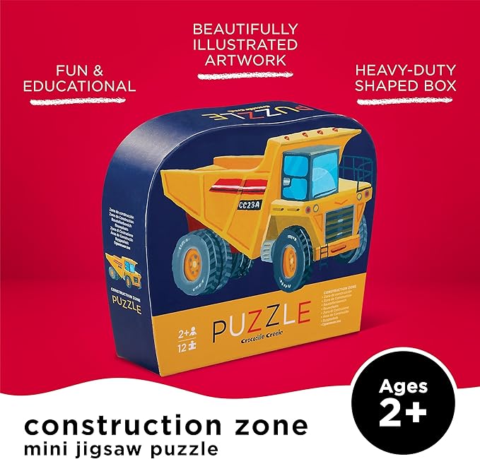 Crocodile Creek 12-Piece Mini Jigsaw Puzzle - Fun Floor Puzzles for Kids Ages 2-4 and Up - Heavy-Duty Shaped Box for Storage - Construction Zone with Dump Truck - 12" x 9" Finished