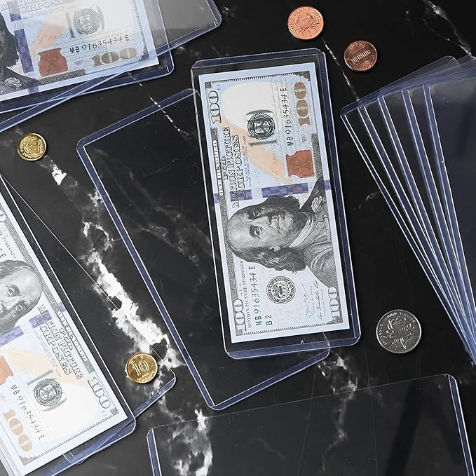 50 Pack Dollar Bill Sleeves, Clear PVC Currency Holders Transparent Bill Display Protectors for Regular Bills Cash Money Banknotes and Stamps, 6.8 x 2.9 Inch