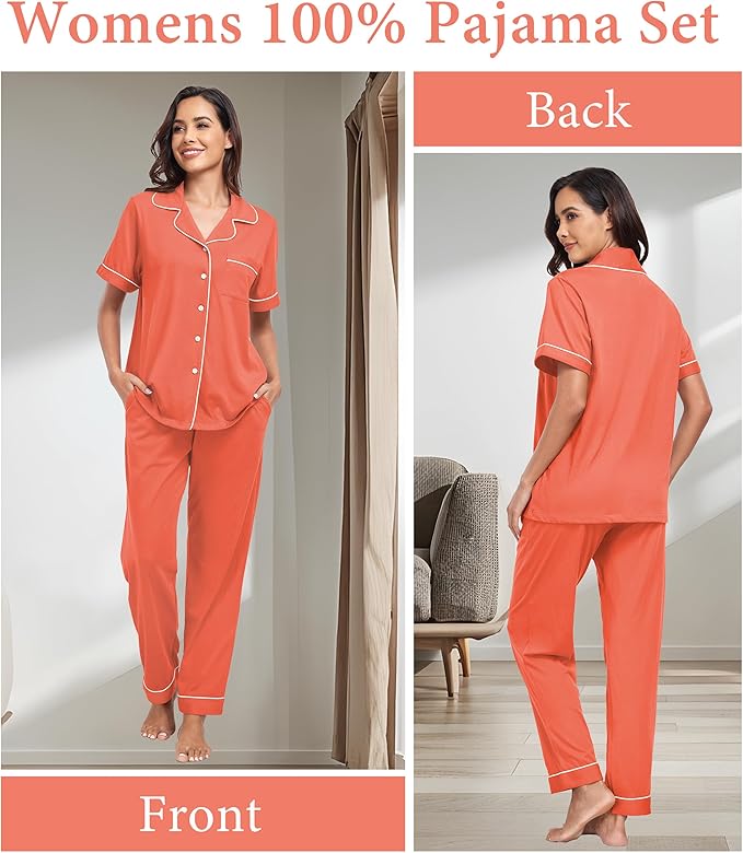 CF Womens 100% Cotton Pajamas Set Button Down Pjs Sets Short Sleeve Top & Long Pants Sleepwear Comfy Loungewear with Pockets