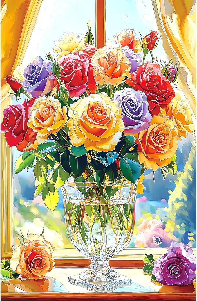 500-Piece Jigsaw Puzzle for Adults - Colorful Roses in Glass Vase, 23x15 Inch Challenging Puzzle, Floral Puzzle for Adults & Teens, Premium Thick Cardboard Pieces with Reference Poster