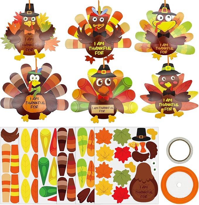 24 Sets Thanksgiving Turkey Craft Kits Fall Ornaments Decorations Art Sets DIY Autumn Make a Turkey Crafts Stickers Arts and Crafts for Toddler Party Classroom Activities