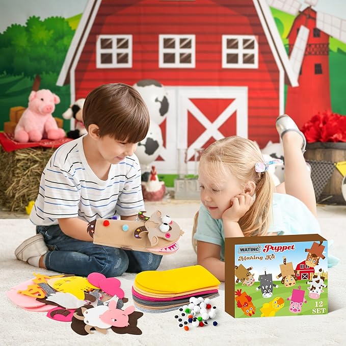 WATINC 12 Pcs Hand Puppet Making Kit, Art Craft Felt Sock Puppet Toys, Creative DIY Make Your Own Pompoms Wiggle Googly Eyes Storytelling Role Play Party Supplies Gift for Girls Boys (Farm Animals)