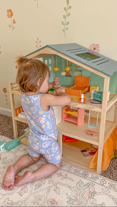 Giant bean Large Wooden Dollhouse with 32 Pcs Furniture Accessories, 3-Story Doll House 5 Rooms Balcony Wooden Stairs, Ideal Dollhouse Playset Toy for Kids Ages 3+, 30" H x 28" L x 13" W