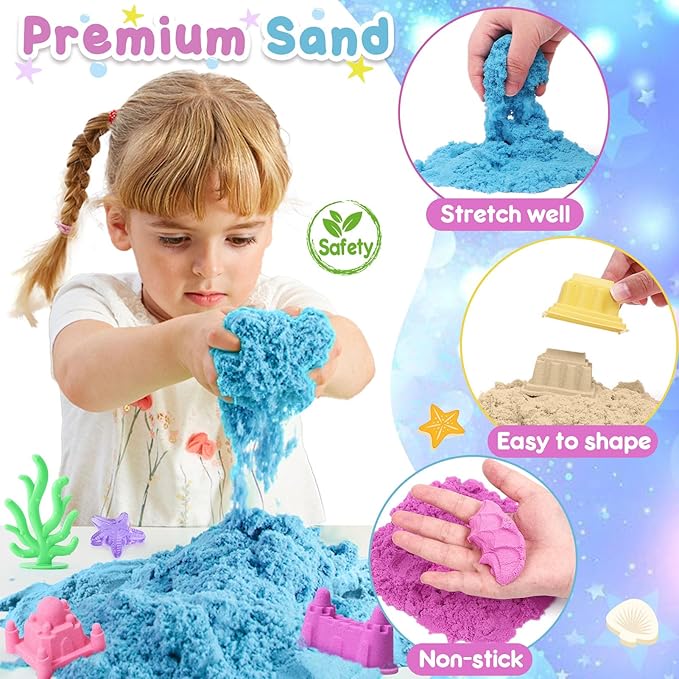 G.C Ocean Mermaid Sensory Bin for Girl Kid Toy, 2lb Play Sand/Large Sea Shell/Sandbox/ 6 Castle Molds/Figures, Mermaid Sensory Toys Christmas Birthday Gift for Toddlers Girls Age 3 4 5 6 7 8