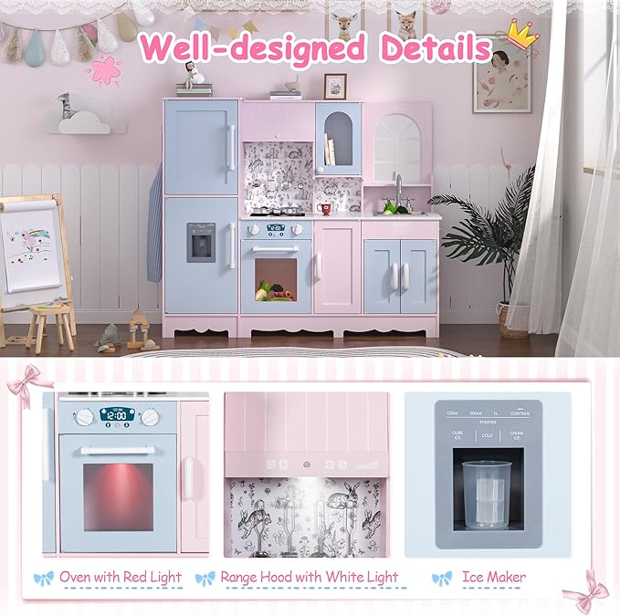 Play Kitchen for Kids, Wooden Kids Kitchen Playset w/Faucet, Sink, Stove, Oven, Window, Cookware, Storage Cabinets, Toddler Role Play Kitchen Pretend Play Toy Set Gift for Girls Boys Ages 3+