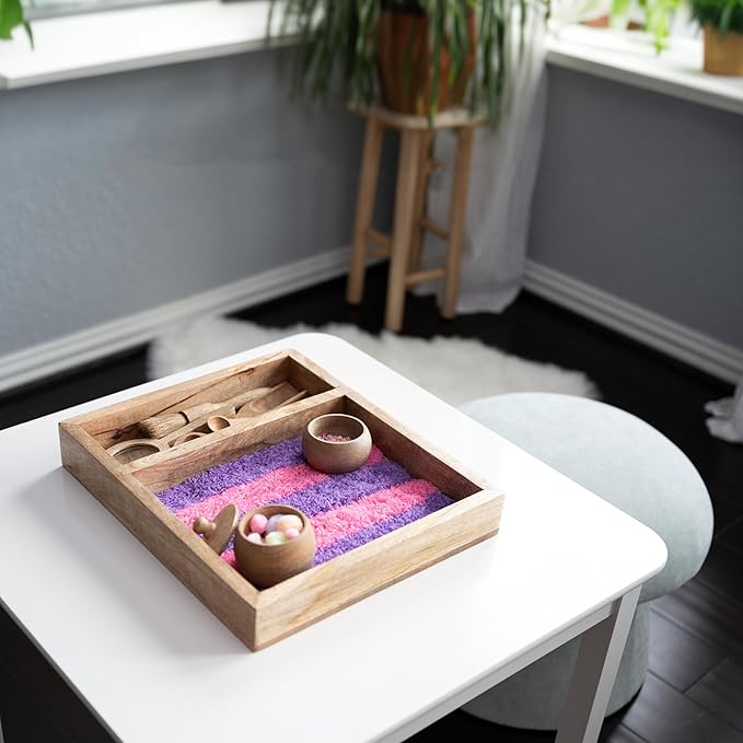Wooden Sensory Play Bin Set – Montessori Fine Motor & Tactile Exploration Kit with Wooden Tools, Natural Mango Wood