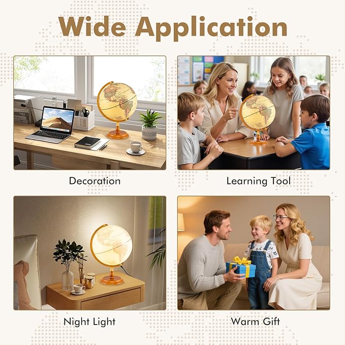 Goplus 12 Inch Illuminated World Globe, Antique Light up Rotating Globe Night Lamp with Wooden Stand, Geography Educational Desktop Decoration for Kids Adults Home Office School (Antique-Bronze)
