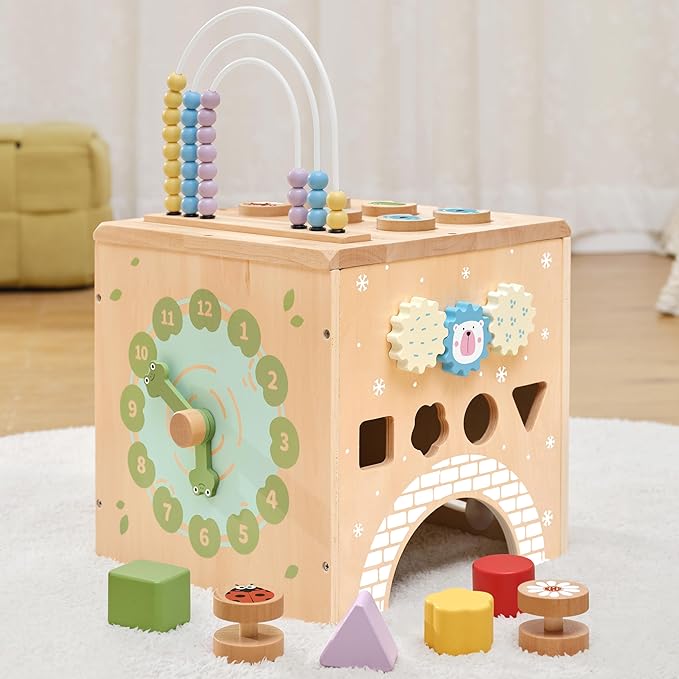 9-in-1 Wooden Activity Cube Baby Busy Board, Montessori Toys for Toddler Play Activity Center, Early Educational Toys with Shape Sorter, Abacus & Gear Toy, Sensory Gifts for Boys Girls