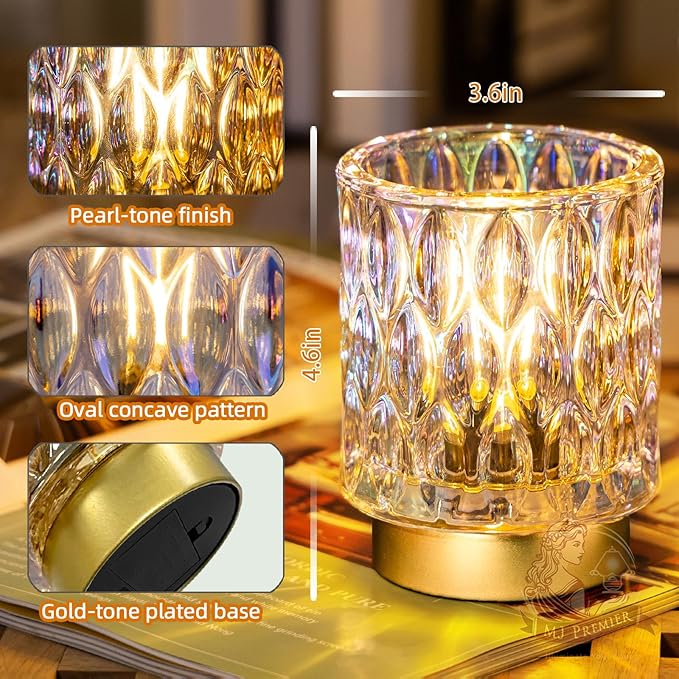 Battery Operated Table Lamps Timer, Mini Crystal Lamp for Area No Plug, Cordless Lamp with LED Bulb for Power Outage, Decorative Lamps for Tabletop/Corner/Entryway/Stairway/Bathroom/Fireplace (PEARL)