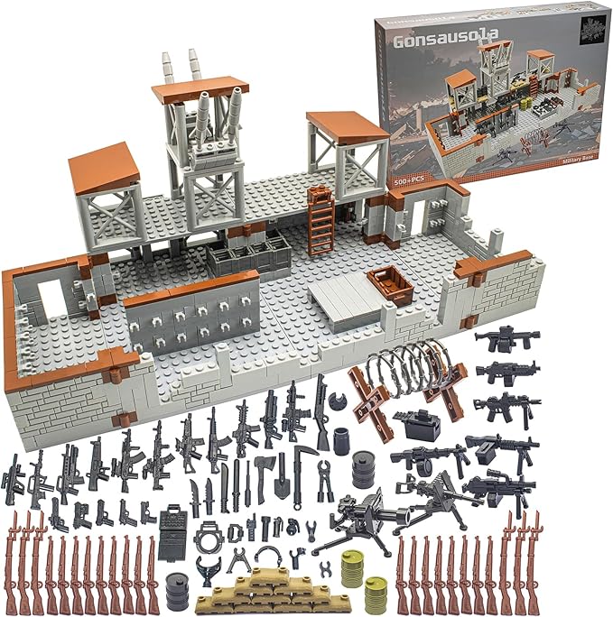 500+ Pcs Military Base Building Brick Sets Include Defence Base Guard Tower for Army Mini Figures, Weapon Pack Accessories Kits Toys, Guns Weapons Building Block Toy for Kids