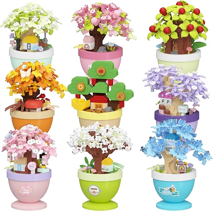 9 Set Mini Bonsai Tree Micro Building Set Building Toy Plant Cherry Tree Flower Collection Decor for Home Desk Greenery Decoration Building Blocks DIY Creative Gifts