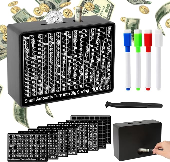 Cash Vault Wooden Savings Box, Piggy Bank for Adults Kids with 8 Saving Targets 500-10000 Challenge Box Money Saving Goals, Black One Piece Coin Cash Saver Storage Case Bank No Install Required