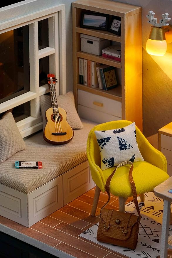 CUTEROOM DIY Doll Room Miniature Furniture Wooden House Kit - Wooden Dolls House Kit with Dust Cover & LED Light and Accessories - QT Series Dollhouse