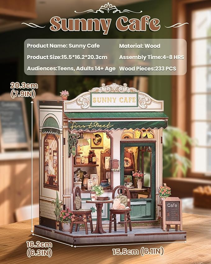 Book Nook Kit, DIY Miniature House Kits for Adult and Teens, Dollhouse Tiny Booknook Garden House Bookshelf, DIY Craft Gifts for Family and Friends（Sunny Cafe)