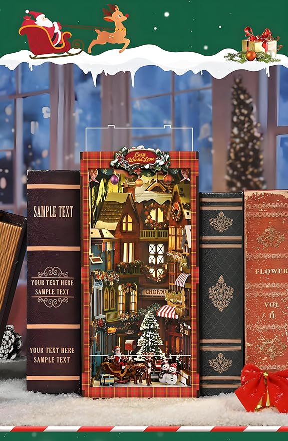 DIY Christmas Book Nook Kit, Wooden Dollhouse Kit with Dust Cover,Tiny Diorama House Building Set Booknook Bookshelf Insert Decor Alley Creative Idea Gifts for Aduls Bookends Model(Christmas Street)