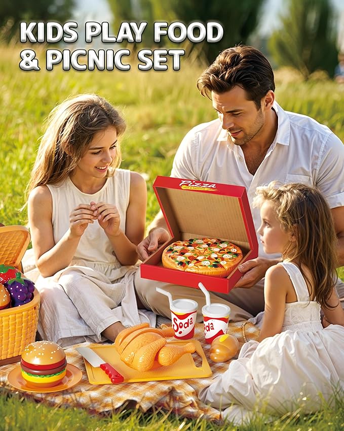 Pretend Play Food for Kids, Cutting Toy Food Set with Picnic Basket, Play Kitchen Accessories, Food Toys with Veggies, Fruits, Pizza Toy for Boys Girls Gift