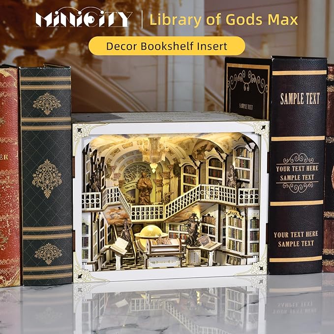 Book Nook Kit, DIY DIY Miniature Dollhouse for Adults, Beyond Library 3D Wooden Puzzle Bookend Bookshelf Insert Decor with LED Light Gifts for Book Lovers (Library of Gods Max)