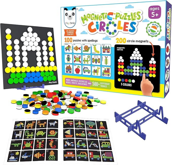 Magnetic Puzzle Circles | 100 guided Puzzles | 200 Tangram Puzzle Circles Magnets | Magnetic Board & Display Stand | STEM Educational Toy for Kids Ages 5+ years