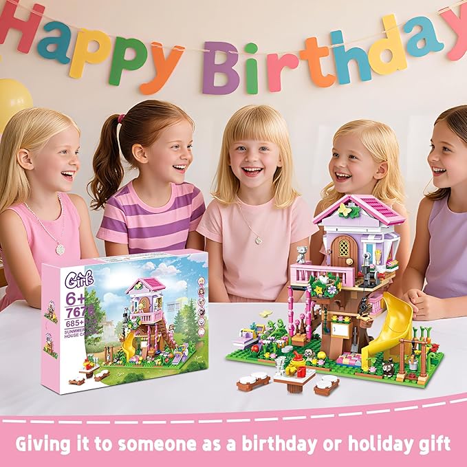 Creative Treehouse Building Blocks Toy Summer Tree House with Animals, Slide, and Picnic Table Fun Garden Playset for Girls and Boys