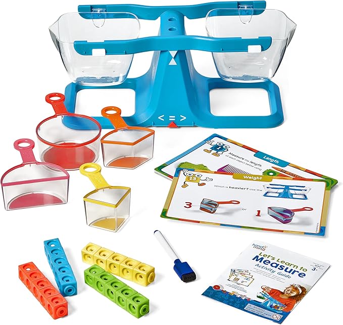 hand2mind Let's Learn to Measure Activity Set, Kids Measuring Cups, Bucket Balance, MathLink Cubes and Activity Cards Set, Teacher Supplies, Classroom Supplies, Preschool Learning, Toddler Learning