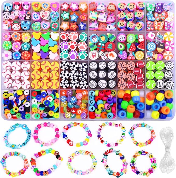 1000PCS Polymer Clay Beads Bracelet Making kit, 24 Style Cute Fun Sports Ball Beads Baseball Basketball Soccer Rugby Volleyball Football Charms, DIY Bracelet Making kit