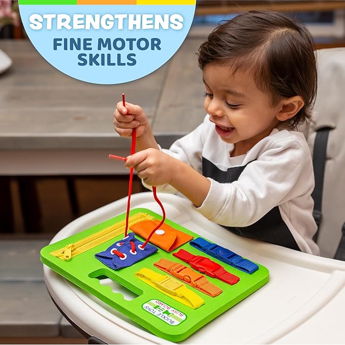Buckle Toys Green Busy Board for 1 Year Old Toddlers Travel Essentials for Kids, Montessori Toys for 1 Year Old Baby to Develop Fine Motor Skills, Great for Road Trip Activities for Kids Sensory Toy