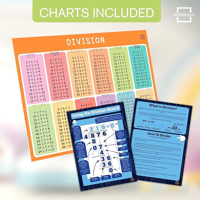SCRIBBLEDO Dry Erase Division White Board 9x12Inch Small Division Chart Durable Portable Double Sided Math Manipulatives Practice Whiteboard for Kids Students Classroom and Home Long Division Lapboard