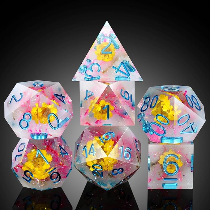 Resin DND Dice Set DNDND Handmade Flower Sharp Edge D&D Die with Gift Case for D&D Dungeons and Dragon Tabletop Games (Chrysanthemum)