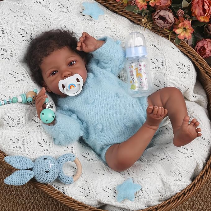 WOOROY Realistic Reborn Baby Dolls Black – 18-Inch African American Real Life Baby Doll Boy with Curly Hair and Open Eyes, Lifelike Gift Toy with Doll Accessories for Kids Ages 3+